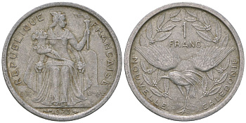 Французская Новая Каледония 1 франк 1973 птица кагу, (IEOM) KM 10, Schoen 10, Lec 39 алюминий    51-831