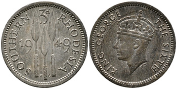 Британская Южная Родезия 3 пенса 1949 Георг VI (1936-1952) KM 20 медно-никель 4532-239