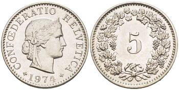 ШВЕЙЦАРИЯ 5 РАППЕНОВ 1974 KM 26 медно-никель 218-763