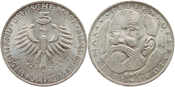 ФРГ 5 марок 1968 D, 150 лет со дня рождения Макса фон Петтенкофера J. 398, KM 123.1 серебро aUNC 1529-145