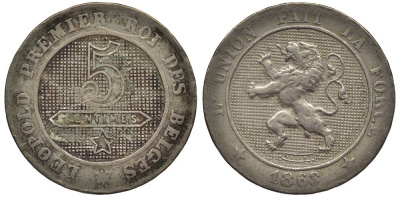 БЕЛЬГИЯ 5 САНТИМОВ 1863/2 BELGES, ЛЕОПОЛЬД I (1831-1865) KM 21 медно-никель 27-852