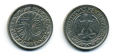 Германия 50 рейхспфеннигов 1927 A KM 49, J. 324 никель 58-143