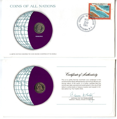 Гондурас 20 сентаво 1973 конверт с маркой первого дня гашения, Coins of Nations KM 81 медно-никель UNC 4295-12-2