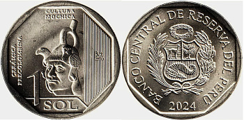 Перу 1 новый соль 2024 серия перуанская доколумбова керамика, культура Мочика KM NEW медь никель цинк  UNC  M67-19