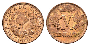 Колумбия 5 сентаво 1970 KM 206a сталь плакированная медью UNC 4643-653