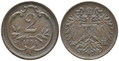 АВСТРИЯ 2 ГЕЛЛЕРА 1894 ФРАНЦ ИОСИФ (1846-1918) KM 2801 бронза 100-941