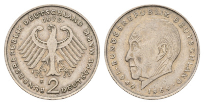 ФРГ 2 марки 1975 F, Конрад Аденауэр, 20 лет Федеративной Республике KM 124, J. 406 медно-никель плакированный никелем 186-1234