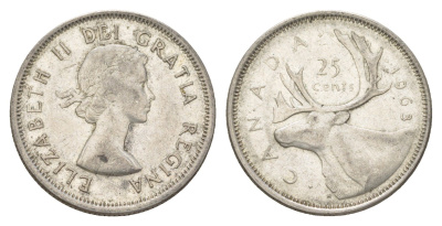 Канада 25 центов 1963 Елизавета II (1952-2022), олень KM 52 серебро 4622-843
