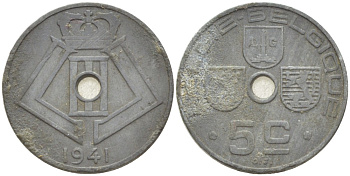 БЕЛЬГИЯ 5 САНТИМОВ 1941 BELGIE-BELGIQUE KM 124 цинк 216-536