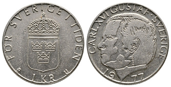Швеция 1 крона 1977 Карл XVI Густав (1973- ) KM 852 медь плакированная медно-никелем 89-1652