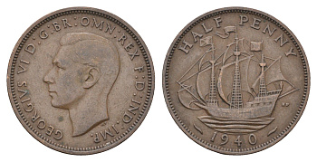 Великобритания 1/2 пенни 1940 Георг VI (1936-1952) KM 844, Spink 4115 бронза    4660-614