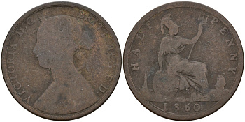 Великобритания 1/2 пенни 1860 Виктория (1837-1901), зубчатая кайма KM 748.2, Spink 3956 бронза 4143-1254