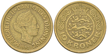 Дания 10 крон 1992 сердце LG, Маргрете II (1972-), тираж 500.000 экземпляров, самый редкий год KM 867 алюминиевая бронза 4561-646