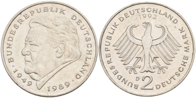 ФРГ 2 марки 1992 D, Франц Йозеф Штраус, 40 лет Федеративной Республике (1949-1989) KM 175, J. 450 медно-никель плакированный никелем 4168-446