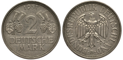 ФРГ 2 марки 1951 D J 386, KM 111 медно-никель плакированный никелем 413-6523