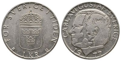 Швеция 1 крона 1977 Карл XVI Густав (1973- ) KM 852 медь плакированная медно-никелем 89-1652