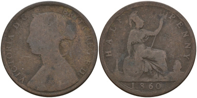 Великобритания 1/2 пенни 1860 Виктория (1837-1901), зубчатая кайма KM 748.2, Spink 3956 бронза 4143-1254