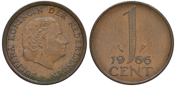 НИДЕРЛАНДЫ 1 ЦЕНТ 1966 ЮЛИАНА KM 180 бронза 45-419