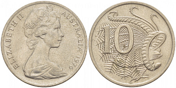 Австралия 10 центов 1976 Елизавета II (1952-), птица лирахвост KM 65 медно-никель UNC 4539-1115