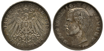 Бавария 3 марки 1910 Отто (1886-1913) Weege 45, J. 47, KM 515 серебро 3711-1941