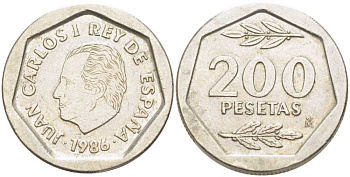 ИСПАНИЯ 200 ПЕСЕТ 1986 ХУАН КАРЛОС I (1975-) KM 829 медно-никель 213-225