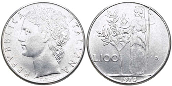 ИТАЛИЯ 100 ЛИР 1978 R, АФИНА KM 96.1 нержавеющая сталь 109-1146