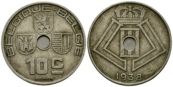 Бельгия 10 сантимов 1938 Belgique - Belgie KM 112 никель латунь 4121-247