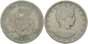 Бразилия 400 рейс 1901 MCMI, голова свободы вправо KM 505 медно-никель 215-423