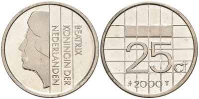 Нидерланды 25 центов 2000 Беатрикс (1980-2013) KM 204 никель UNC 4588-941