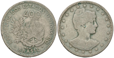 Бразилия 400 рейс 1901 MCMI, голова свободы вправо KM 505 медно-никель 215-423