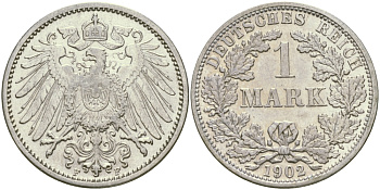 Германия 1 марка 1902 F Weege 18, J. 17, KM 14 серебро aUNC 413-5612