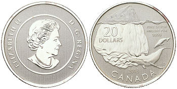 Канада 20 долларов 2013 Айсберг и кит, Елизавета II (1952-2022) KM 1512 серебро BU 11-164-42