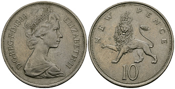Великобритания 10 пенсов 1969 Елизавета II (1952-2022) KM 912, Spink 4231 (F1) медно-никель 4382-731