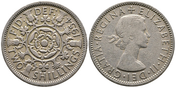 Великобритания 2 шиллинга (флорин) 1954 Елизавета II (1952-2022) KM 906, Spink 4146 медно-никель 59-1524