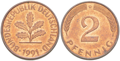ФРГ 2 ПФЕННИГА 1991 D KM 106а, J. 381а сталь плакированная сталь плакированная медьюю 4181-856