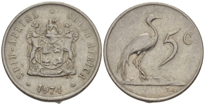 ЮАР 5 центов 1974 герб, райский журавль KM 84 никель 66-329