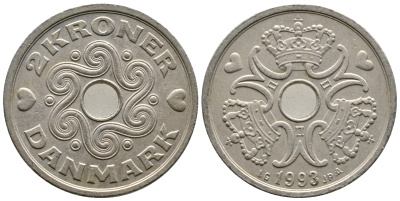 Дания 2 кроны 1993 LG; JP; A, Маргрете II (1972- ) KM 874.1 медно-никель 4175-232