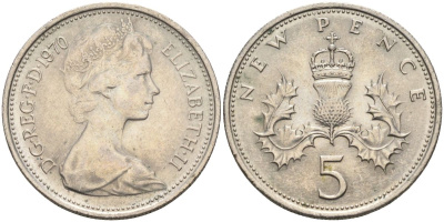Великобритания 5 пенсов 1970 Елизавета II (1952-2022) KM 911, Spink 4233 (D1) медно-никель 4116-755