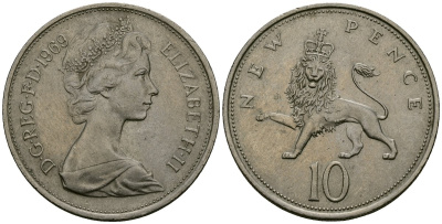 Великобритания 10 пенсов 1969 Елизавета II (1952-2022) KM 912, Spink 4231 (F1) медно-никель 4382-731