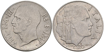 ИТАЛИЯ 20 ЧЕНТЕЗИМО 1940 R, ГОД XVIII, ВИКТОР ЭММАНУИЛ III (1900-1946), МАГНИТНАЯ, ГУРТ РИФЛЁНЫЙ KM 75b, VEM3. 1025 нержавеющая сталь 3853-452