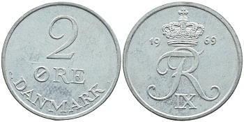ДАНИЯ 2 ЭРЕ 1969 C; S, ФРЕДЕРИК IX (1947-1972) KM 840.2 цинк 41-1142