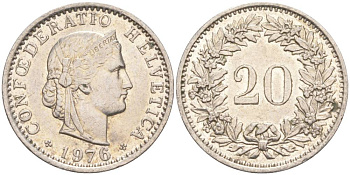 Швейцария 20 раппенов 1976 KM 29a медно-никель 55-951