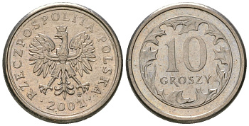 Польша 10 грошей 2001 MW KM 279, Parchimowicz 704h медно-никель UNC 4617-1212