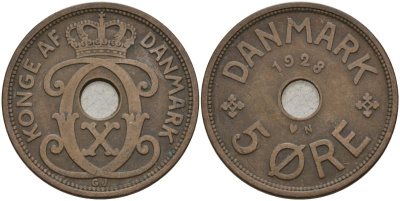 Дания 5 эре 1928 Кристиан X (1912-1947) KM 828 бронза 4148-216