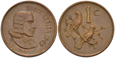 ЮАР 1 цент 1969 Ян ван Рибек (1619-1677), South Africa, легенда на английском, капские воробьи KM 65.1 бронза 66-237