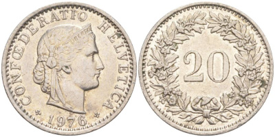 Швейцария 20 раппенов 1976 KM 29a медно-никель 55-951