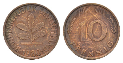 ФРГ 10 пфеннигов 1980 F KM 108, J. 383 сталь плакированная латунью 187-758