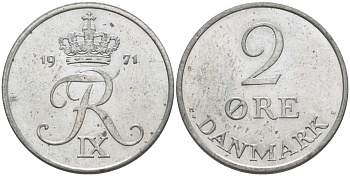 Дания 2 эре 1971 C; S, Фредерик IX (1947-1972) KM 840.2 цинк 67-457