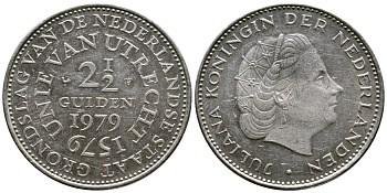 Нидерланды 2 1/2 гульдена 1979 400 лет Утрехтскому союзу, Юлиана (1949-1980) KM 197 никель 4542-612