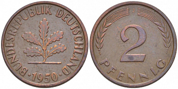 ФРГ 2 ПФЕННИГА 1950 J KM 106, J. 381 бронза 3955-614